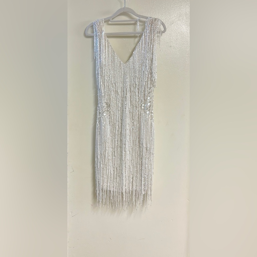 NADINE MERABI Shimmering Silver Mini Dress
